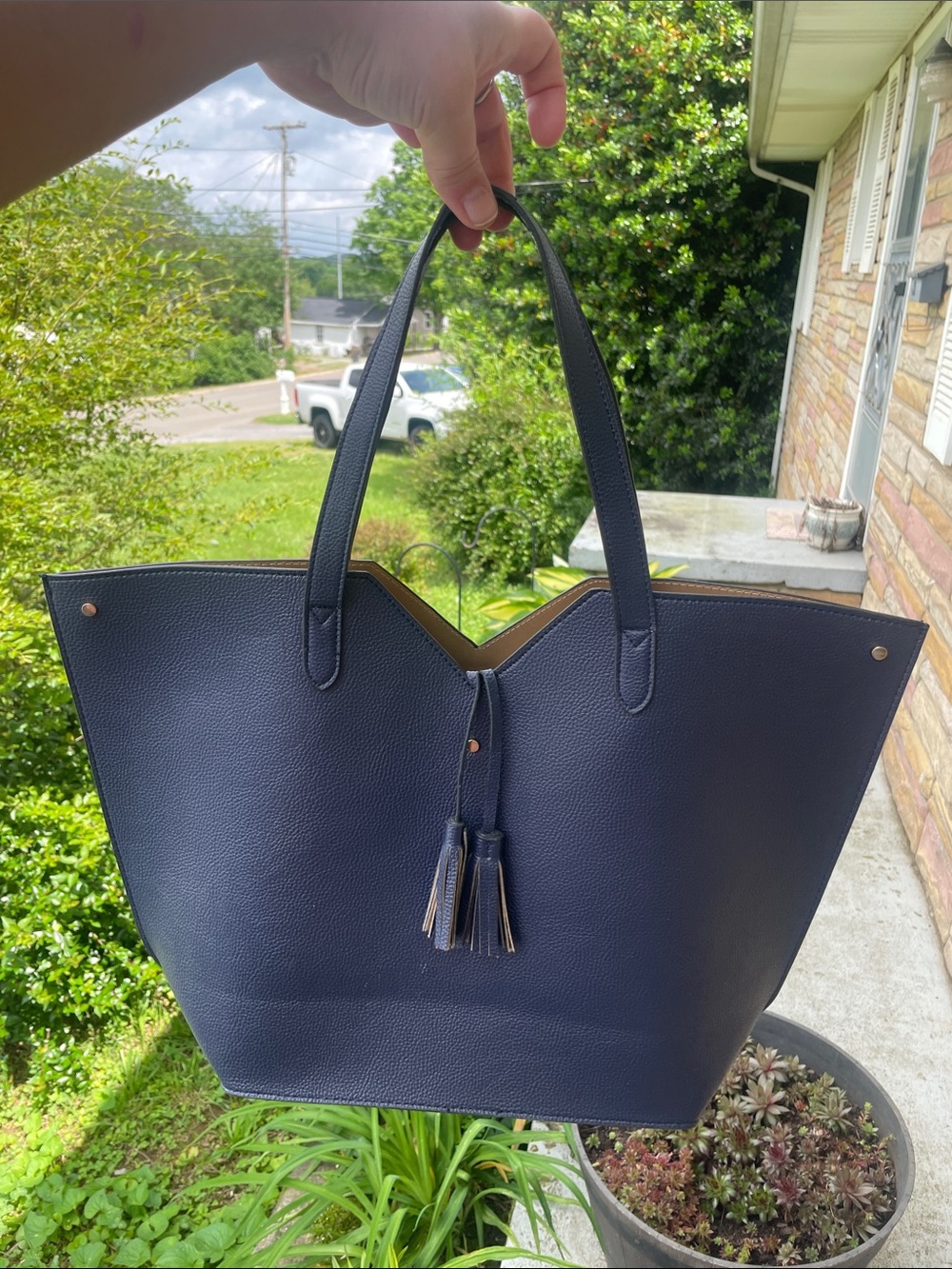 Neiman Marcus Navy Tassel Tote Bag - Classic Everyday Shoulder Bag - Picture 6 of 8